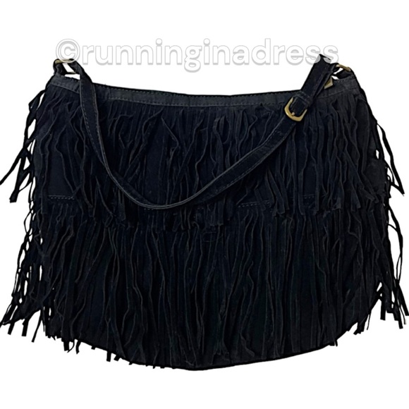Nine West Black Faux Suede Fringe Shoulder Bag In Black - Picture 3 of 12